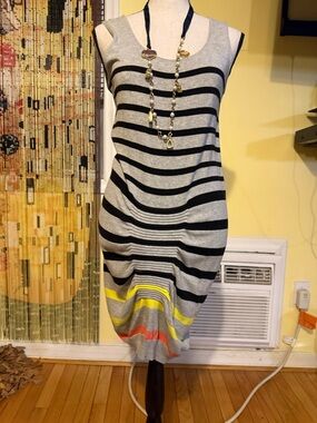 RACHEL Rachel Roy Grey & Black Striped Midi Dress with Yellow & Coral Accents